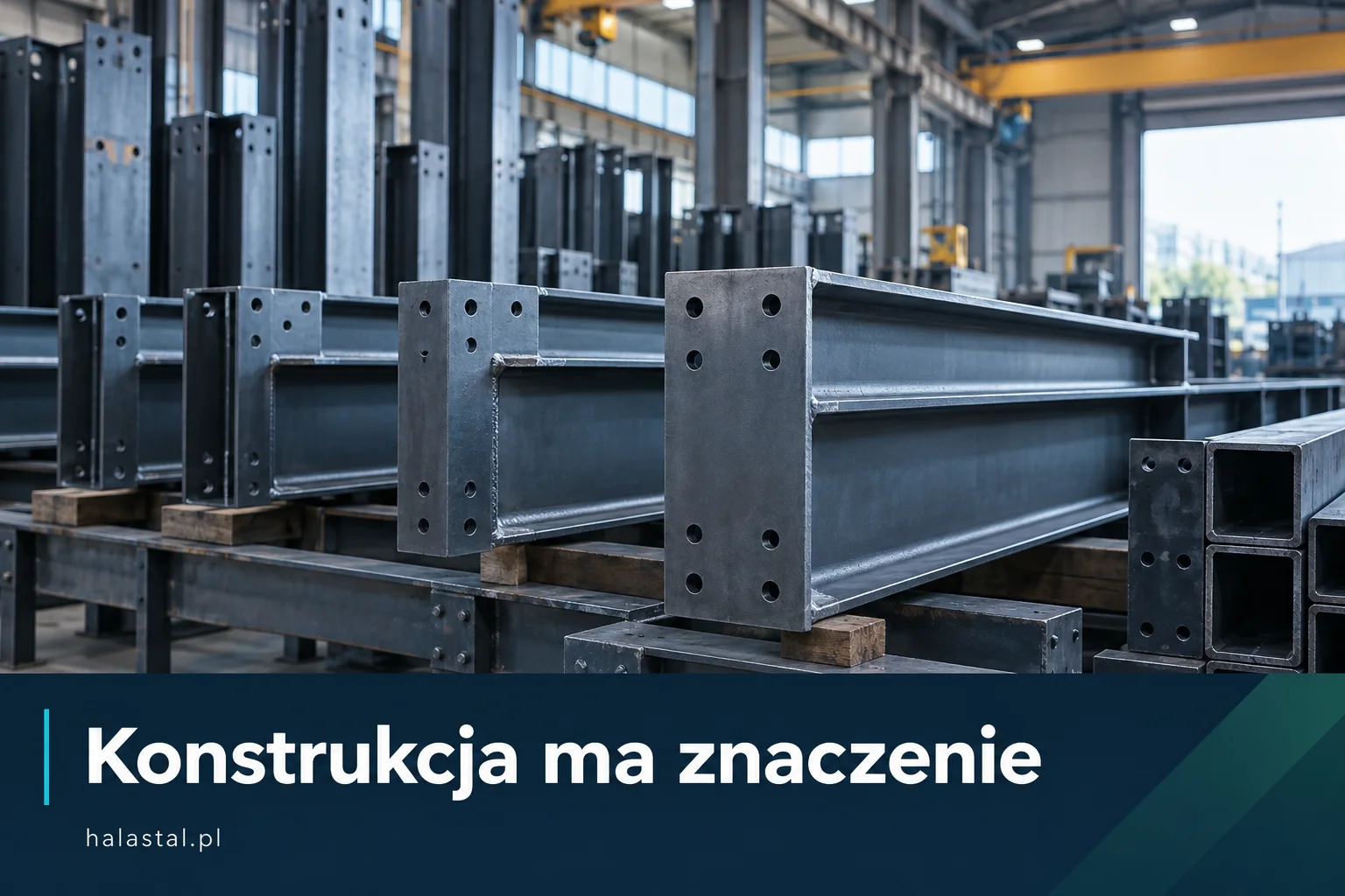 Ilustracyjna wizualizacja stalowych belek i słupów przygotowanych w hali produkcyjnej. Okładka poradnika: Jakie dane przekazać do wyceny konstrukcji stalowej.